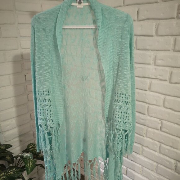 Charlotte Russe Ladies Size Large Fringed Edge Lightweight Mint Green Cardigan - Picture 1 of 8